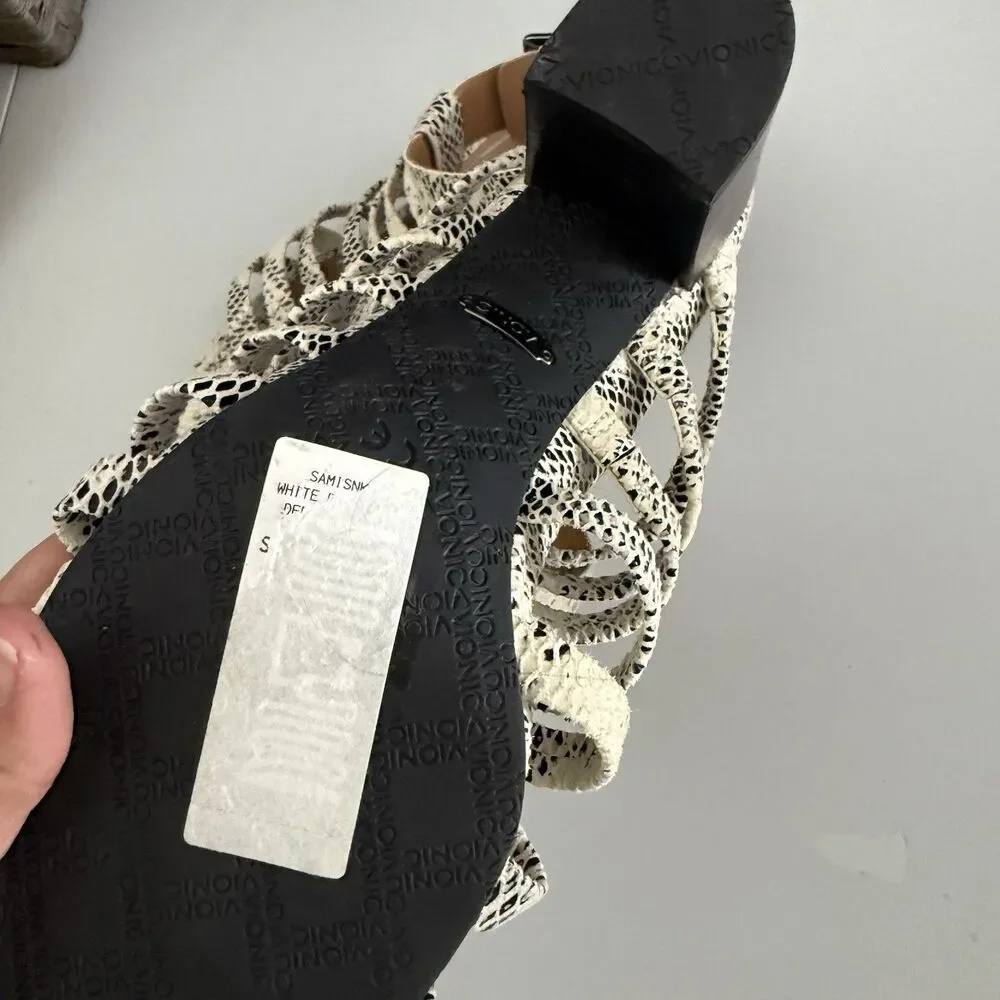 Vionic Sami Block Heel Sandal 6.5 Caged Black White Snake Print Very Comfy NWOB